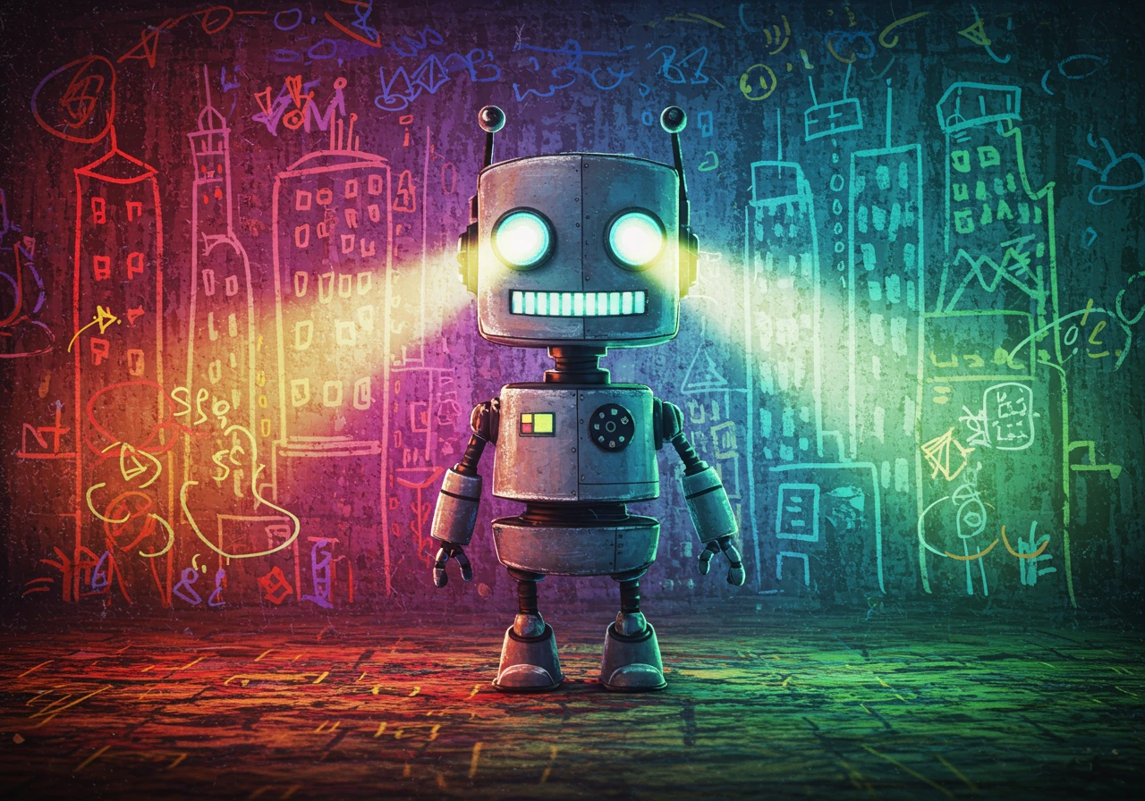 A cute gray robot with glowing eyes and a grin stands in front of a vibrant wall covered in colorful crayon graffiti of buildings and abstract shapes.