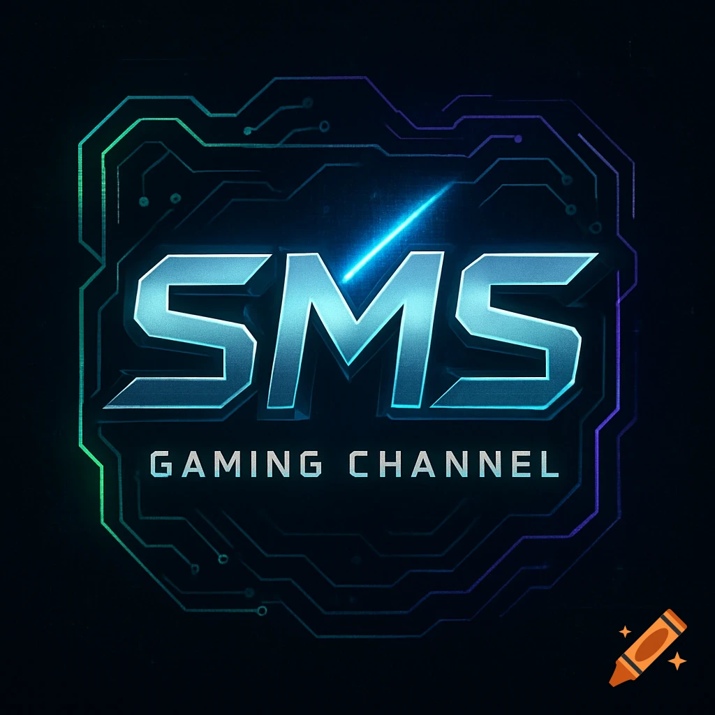 A futuristic gaming channel logo with metallic blue text "SMS GAMING CHANNEL" over a glowing circuit board pattern on a dark background.