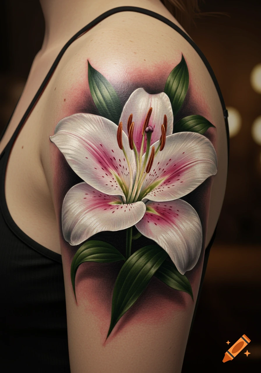 A photorealistic tattoo of a white and pink lily flower with green leaves on a person's shoulder.