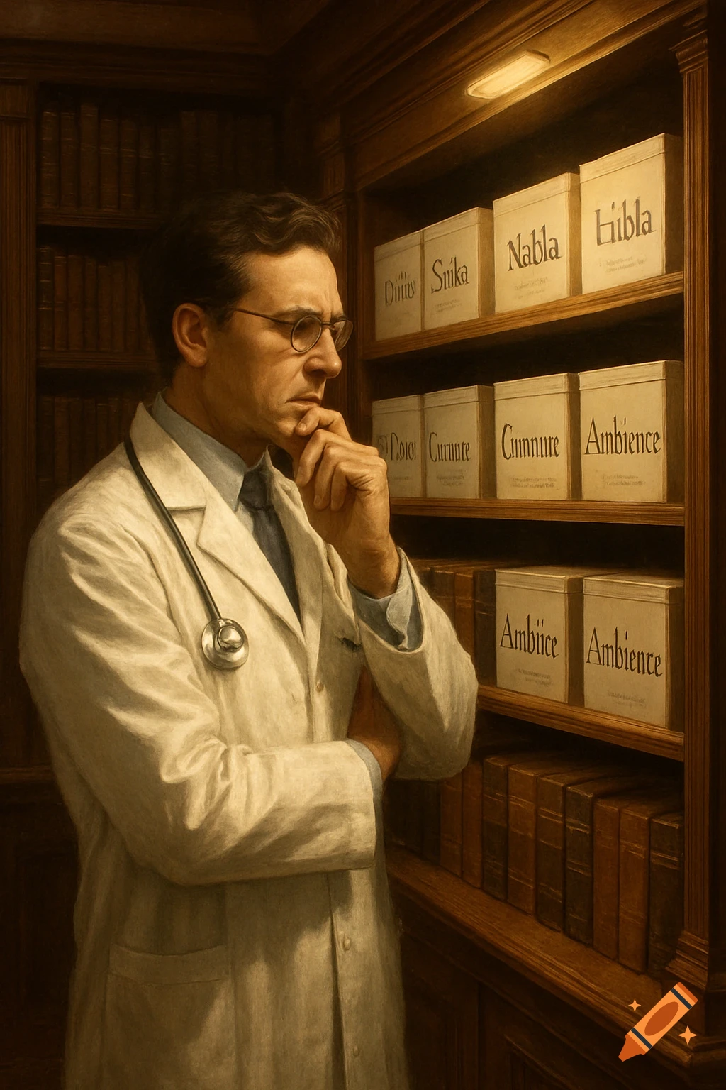 A male doctor in a white lab coat and stethoscope stands thoughtfully in a dimly lit library, looking at labeled boxes on a bookshelf.
