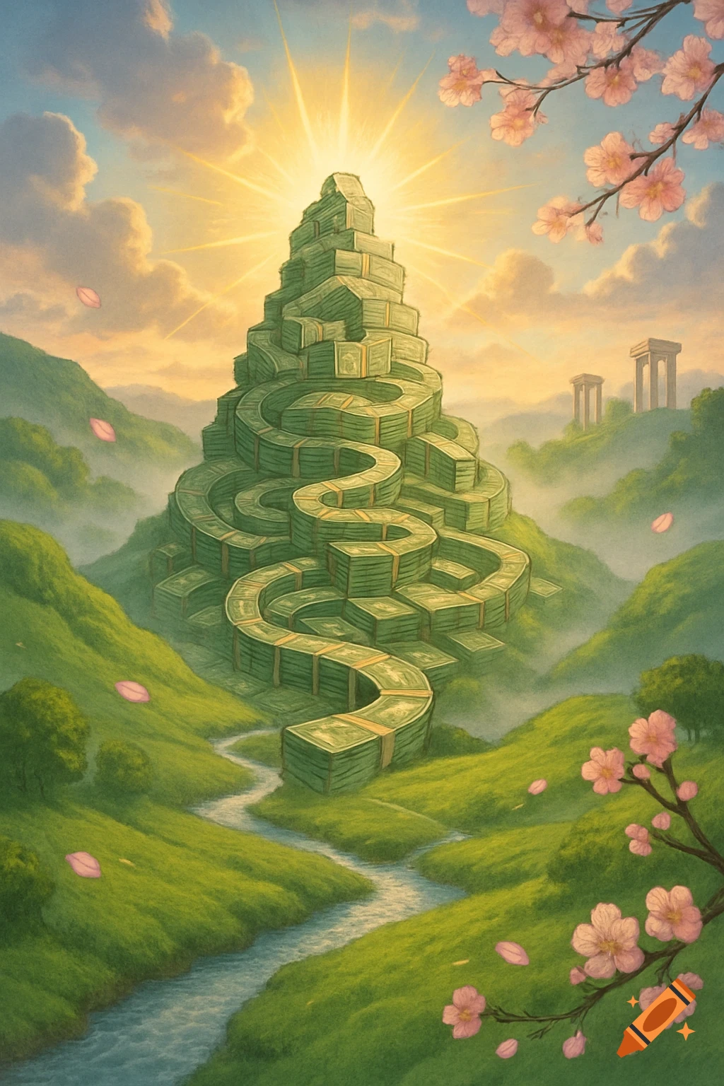 A surreal money mountain towers over a lush green landscape with a winding river and pink cherry blossoms under a bright sun.