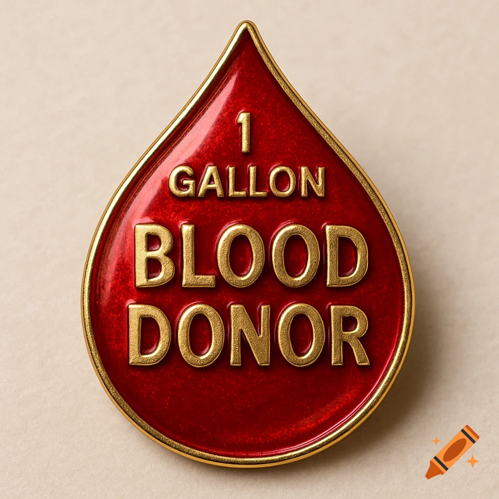 Close-up of a shiny red blood drop shaped lapel pin with '1 GALLON BLOOD DONOR' in gold letters.
