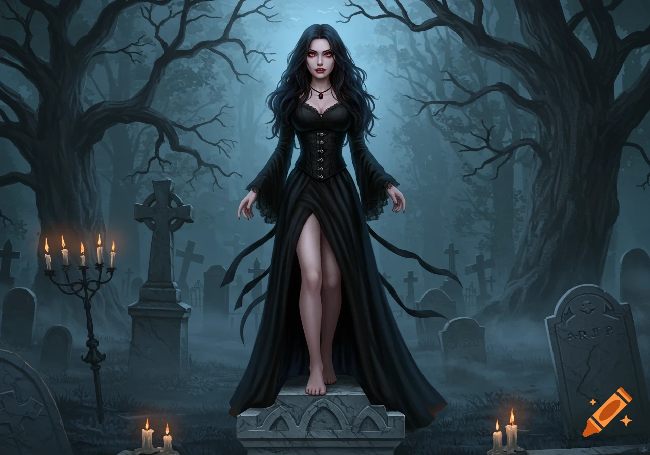 A woman with long dark hair and red eyes, dressed in a black gothic dress, stands barefoot on a tombstone in a misty graveyard with spooky trees and lit candles.