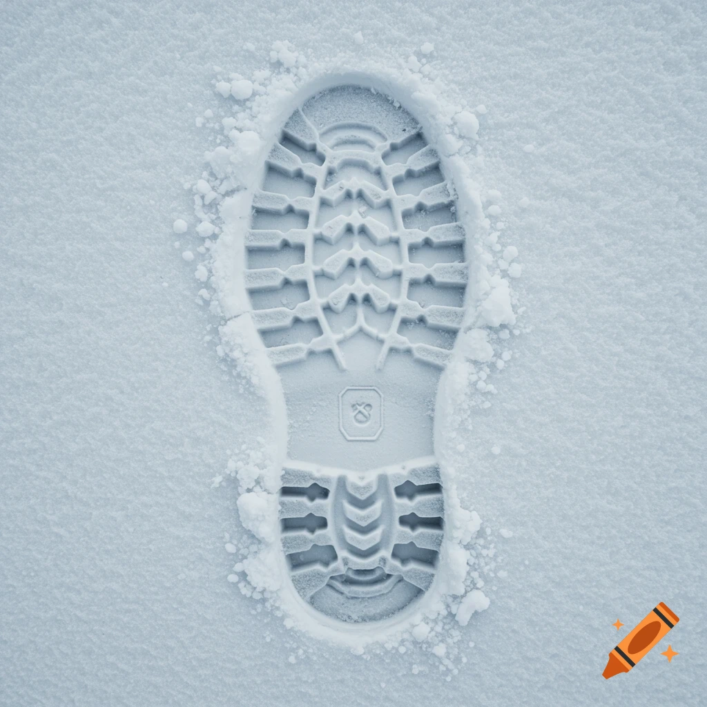 A stylized, monochrome illustration of a single, detailed bootprint in fresh snow, viewed from directly above.