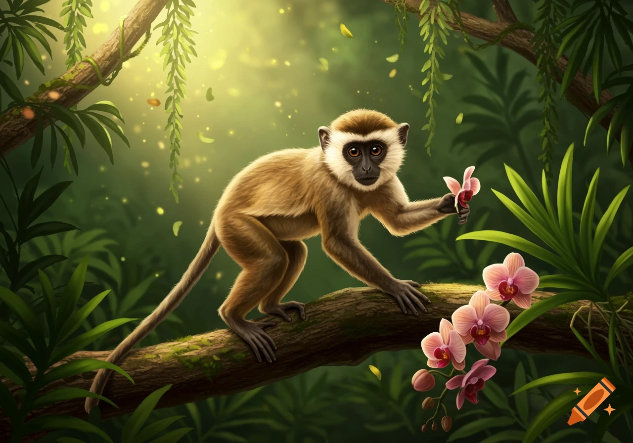 A small monkey sits on a tree branch in a sunlit jungle, holding a pink orchid. Other pink orchids bloom below.