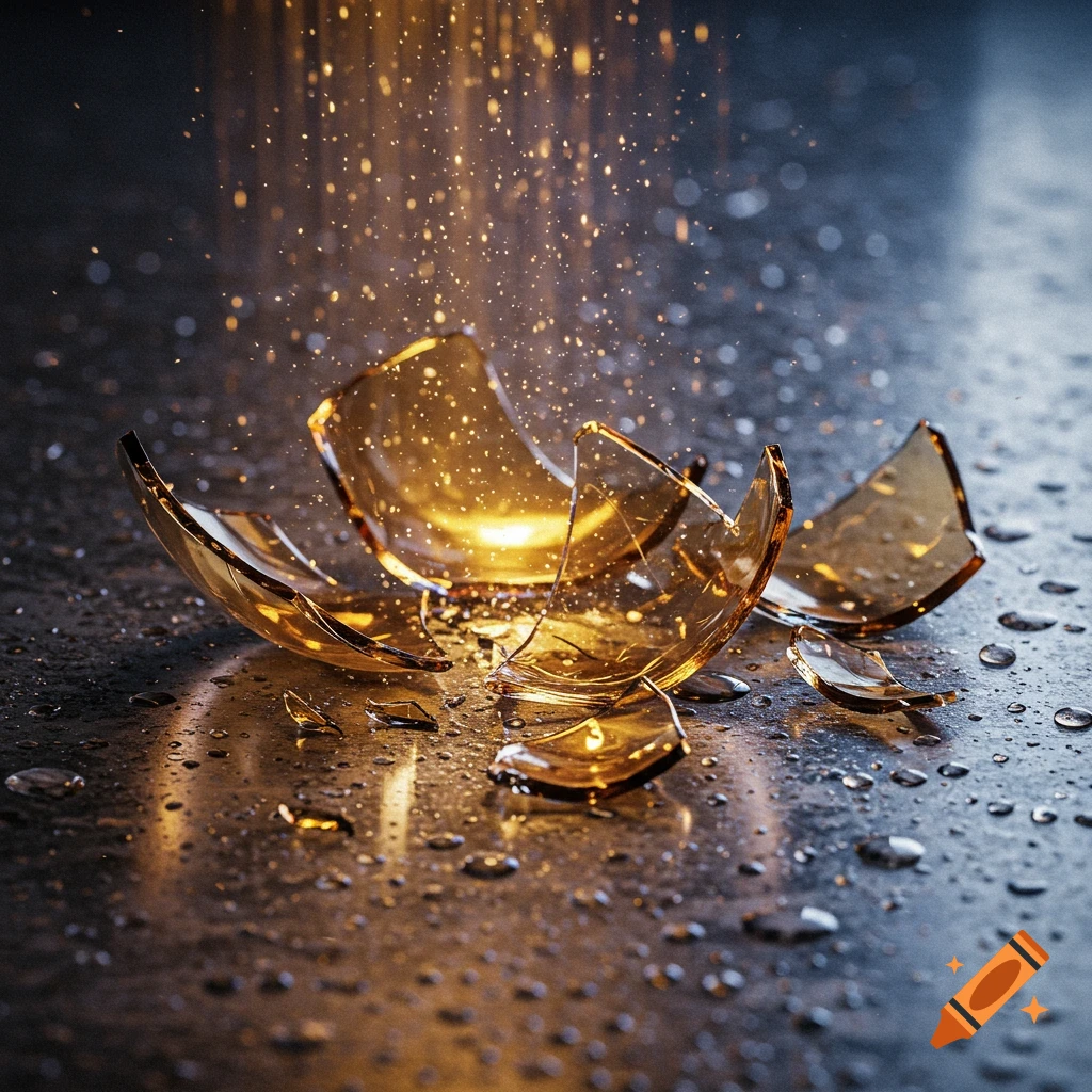 Broken amber glass pieces scattered on a wet, dark surface with golden light particles falling from above.