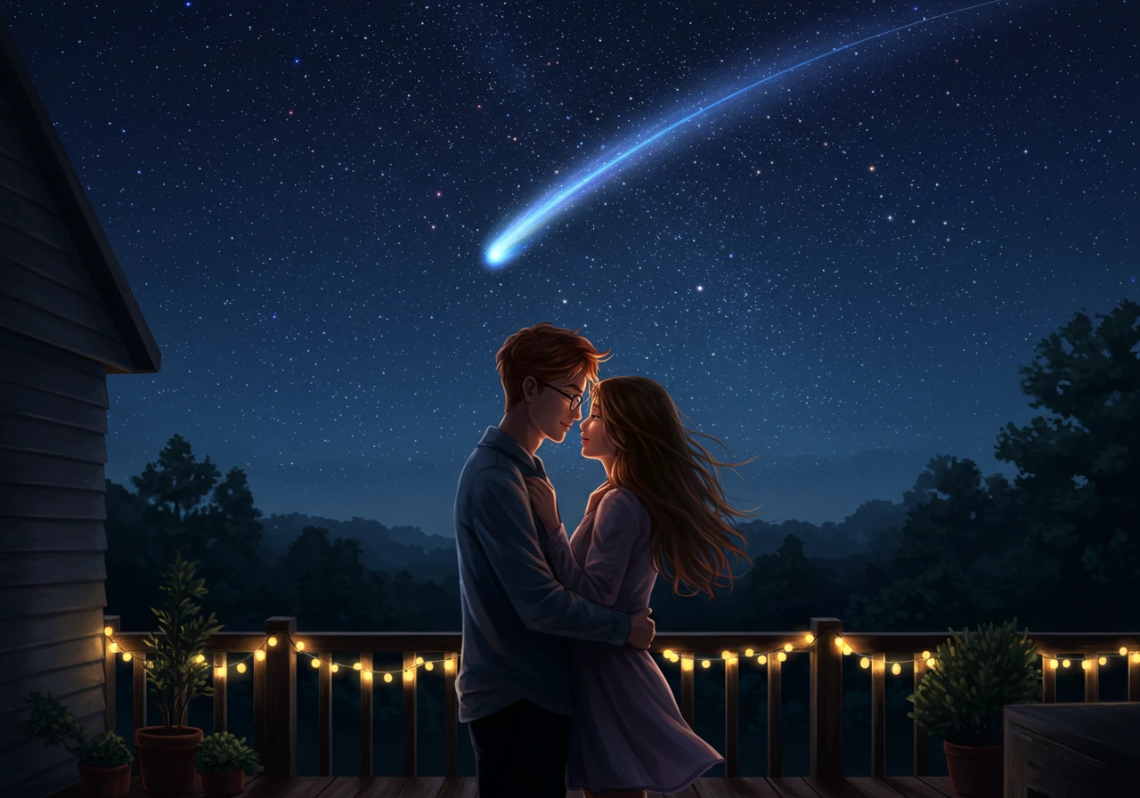 A young man with red hair and glasses embraces a young woman with long brown hair on a deck under a starry night sky with a comet streaking across.
