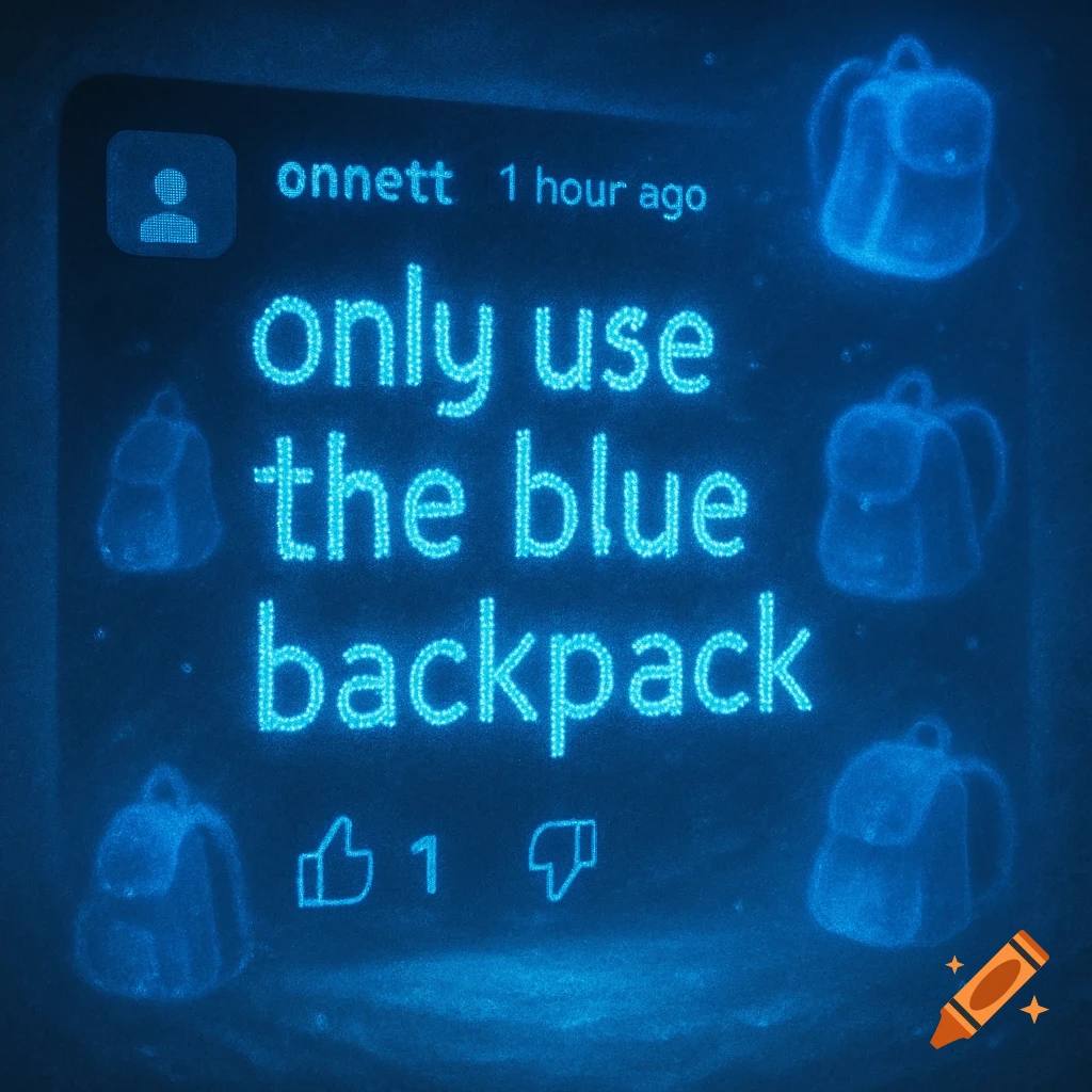 A glowing blue digital art image of a social media comment by 'onnett' saying 'only use the blue backpack' surrounded by backpack icons.