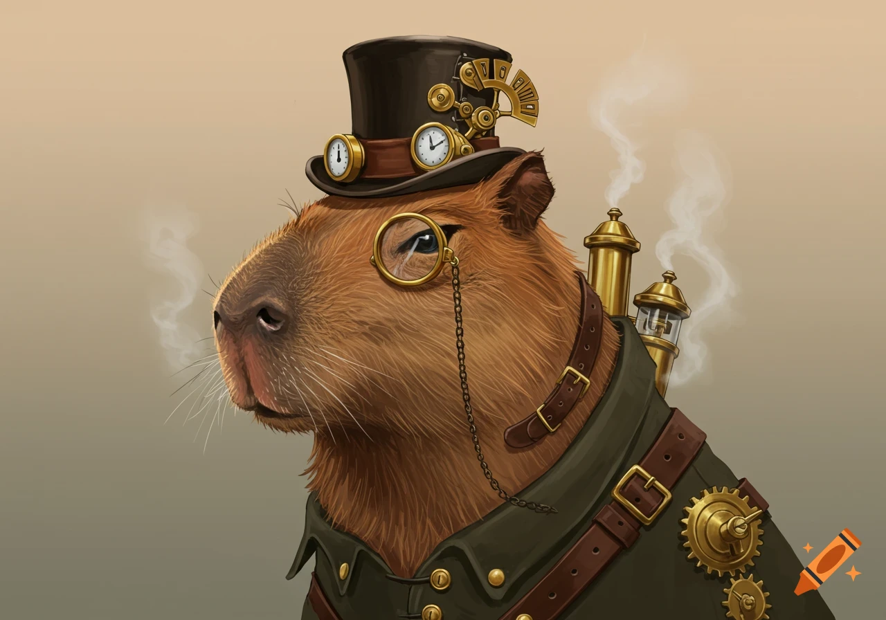A steampunk capybara wears a top hat, monocle, and a brown coat with brass gears and pipes, looking left.