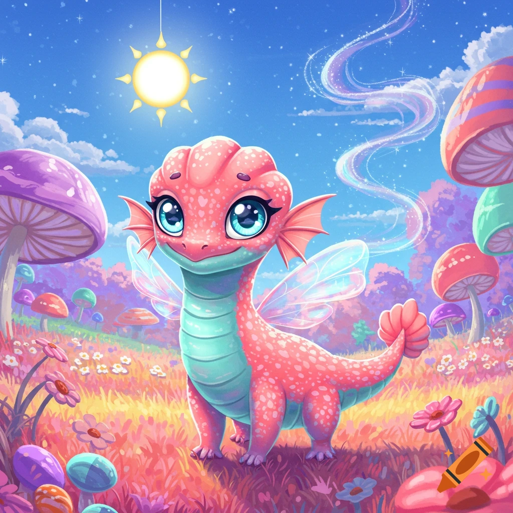 A cute, pink and teal baby dragon with big blue eyes and fairy wings stands in a vibrant, colorful fantasy landscape with large mushrooms and flowers under a bright sun.