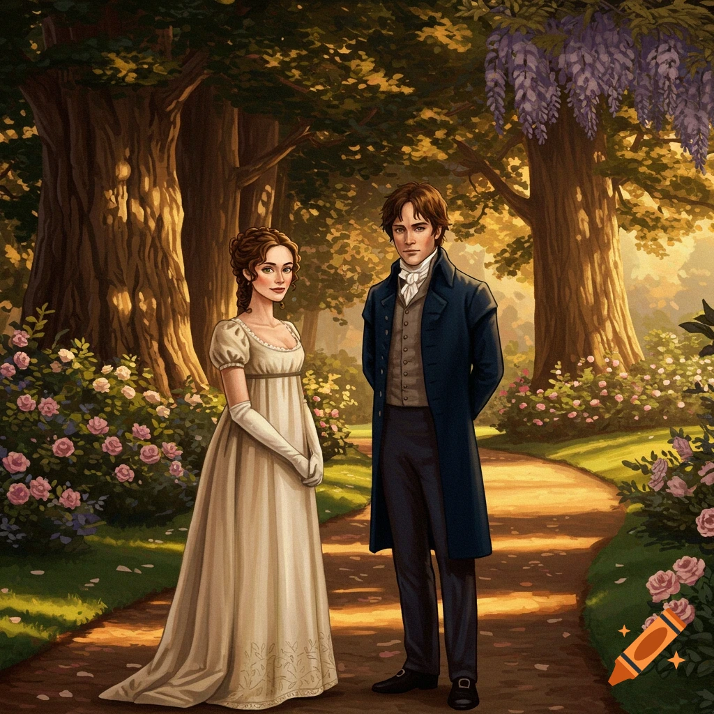 A man and woman in 19th-century attire stand on a sunlit garden path, illustrated in a digital painting style.