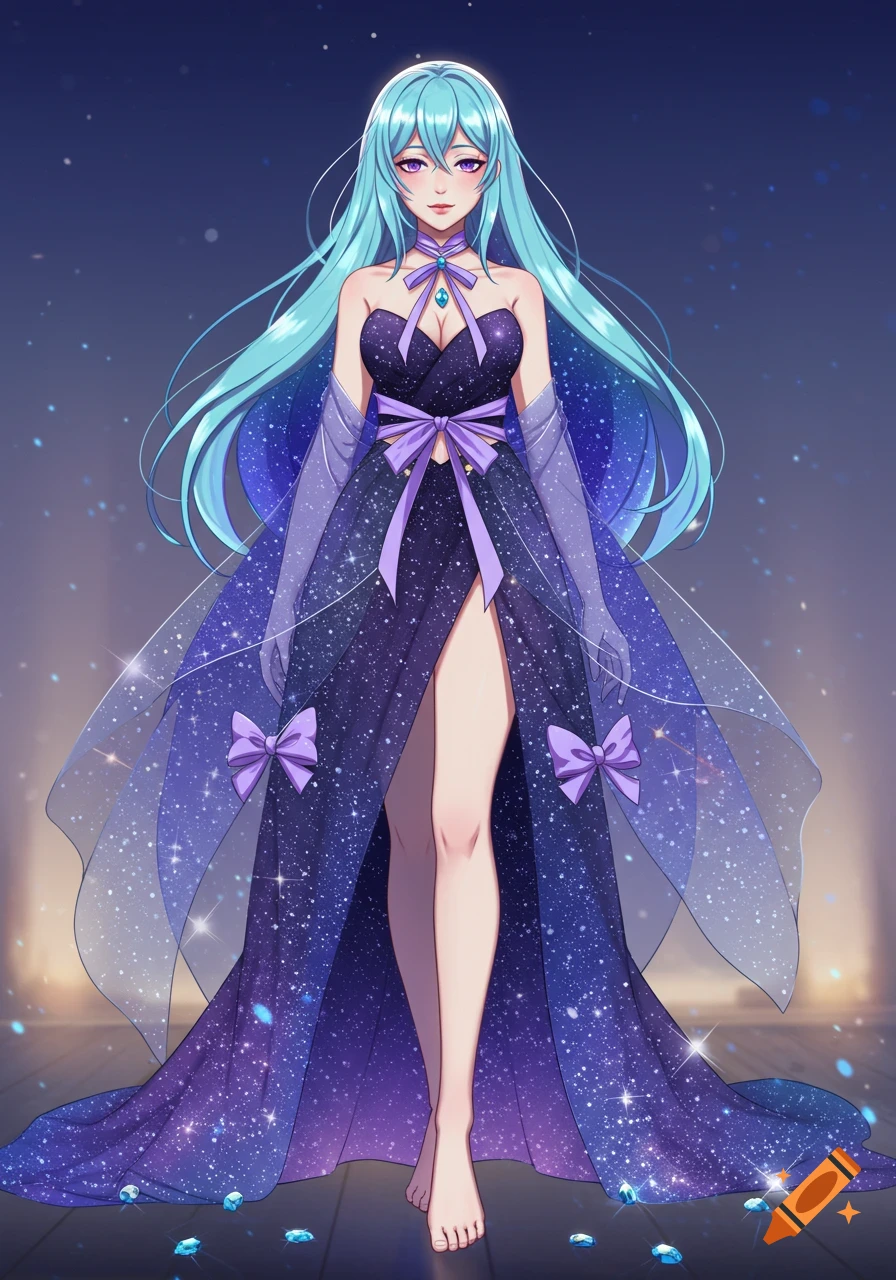 An anime girl with long light blue hair wears a shimmering dark purple evening gown with a high slit, purple bows, and a sheer overskirt, standing barefoot amidst glowing jewels.