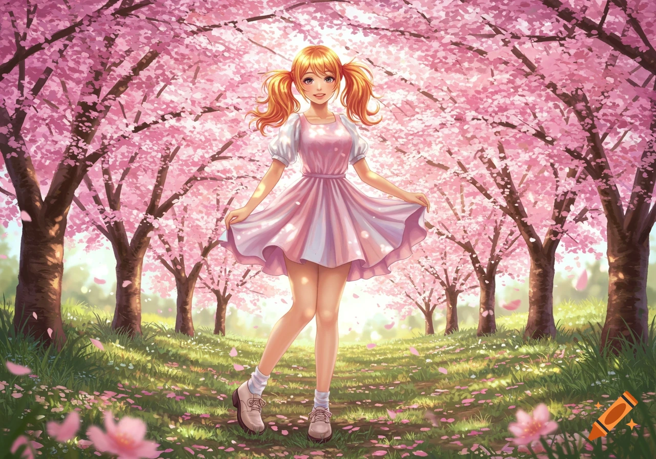 An anime girl with orange pigtails in a pink dress stands smiling in a vibrant cherry blossom forest.