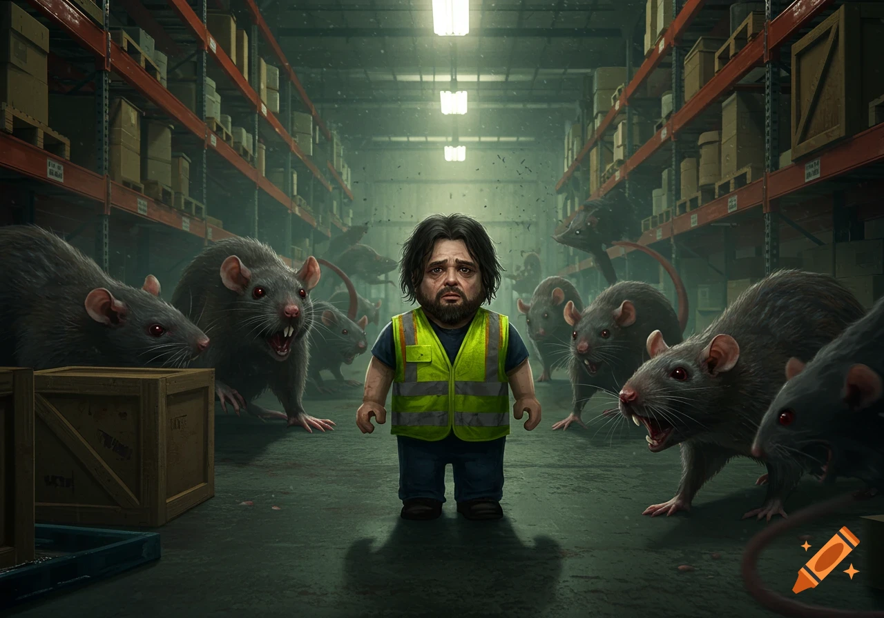 A scared, short man in a green safety vest stands in a dimly lit warehouse, surrounded by large, menacing rats with glowing red eyes.