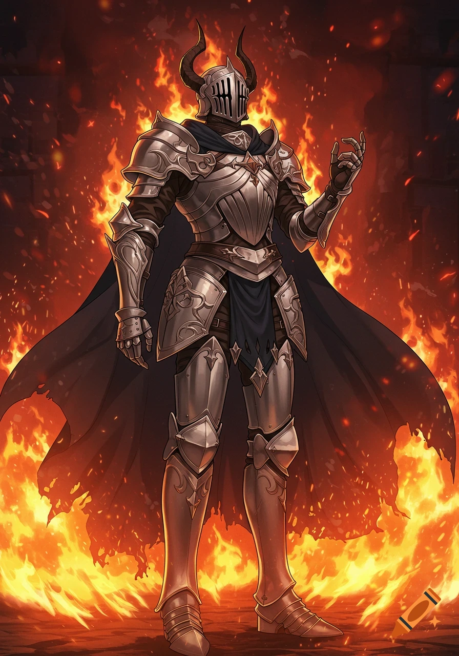 Anime-style illustration of an armored knight with a black cape and horned helmet standing dramatically in flames.