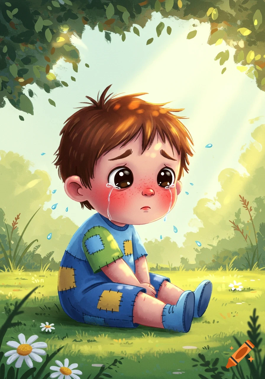 A cartoon child with brown hair and a patched blue outfit sits on green grass, crying with tears streaming down their face, under a tree with dappled sunlight.