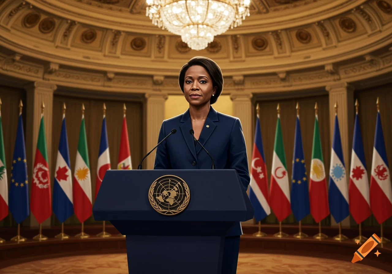 A Black woman in a dark suit stands at a podium with a UN logo in a grand hall with international flags. Photorealistic.