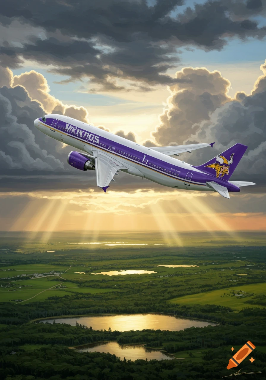 A purple and white Minnesota Vikings airplane flies over a green landscape with lakes and sun rays from cloudy sky.