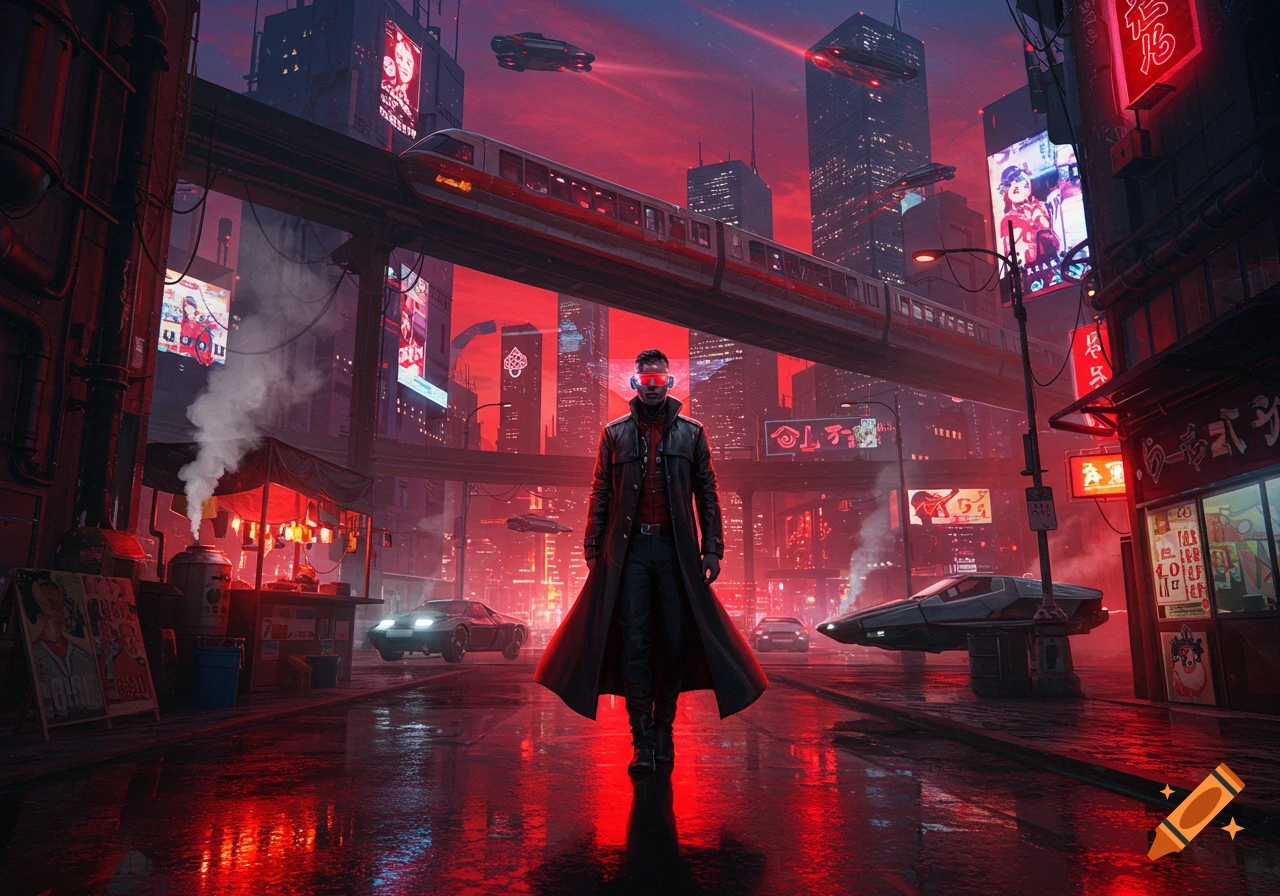 A man in a trench coat stands in a rain-slicked street of a red and black cyberpunk city with neon signs and elevated trains.