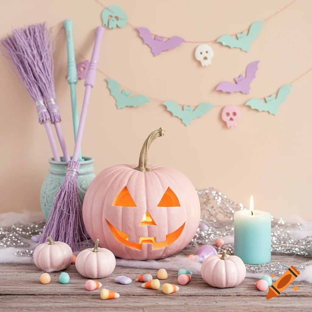 A well-lit display of pastel Halloween decorations, including pink pumpkins, colorful candies, light blue brooms, and a bat and skull garland.
