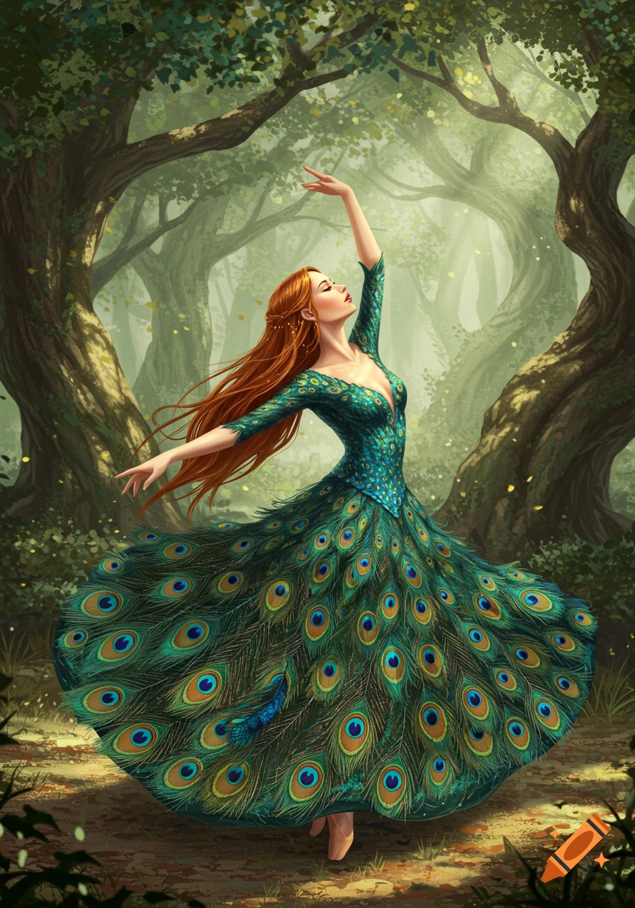 A red-haired woman in a flowing peacock feather dress dances in a sun-dappled forest, arms gracefully extended.