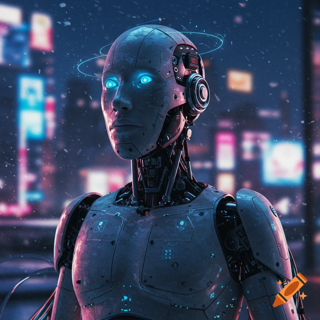 Photorealistic close-up of a futuristic android with glowing blue eyes and a light halo, standing in a snowy cyberpunk city at night.