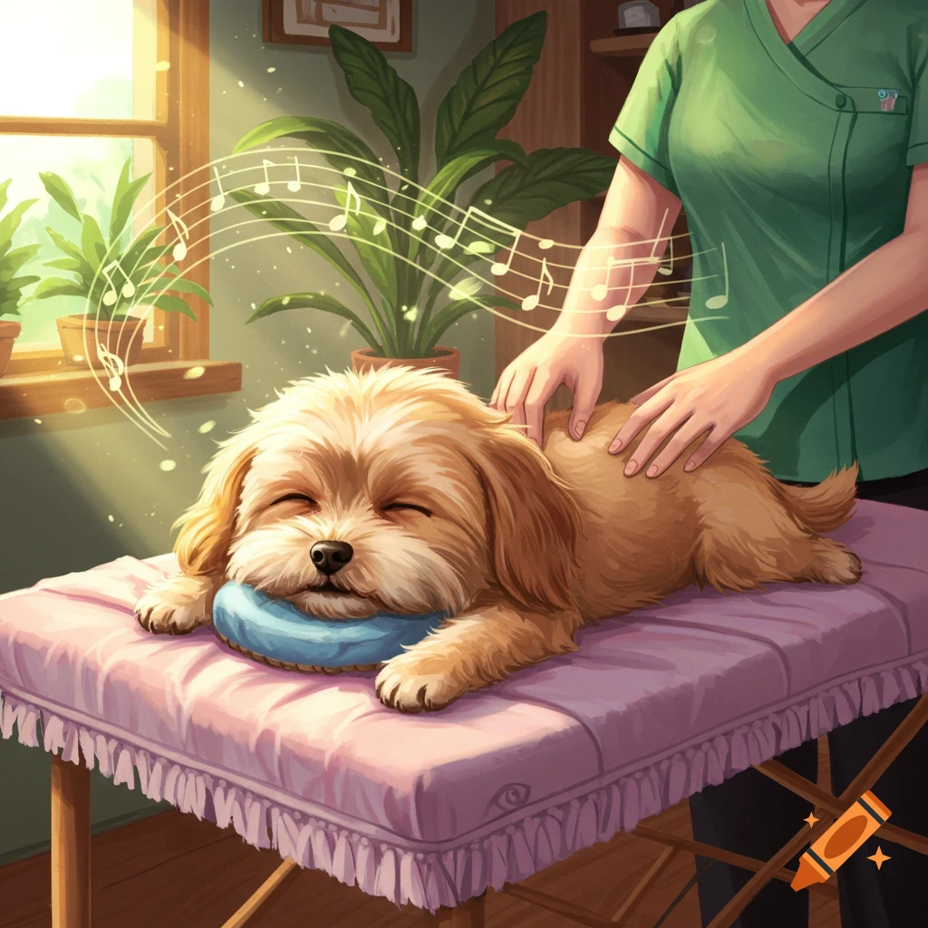A cute fluffy brown dog lies on a pink massage table, getting a massage from a person. Musical notes float above the relaxed dog.
