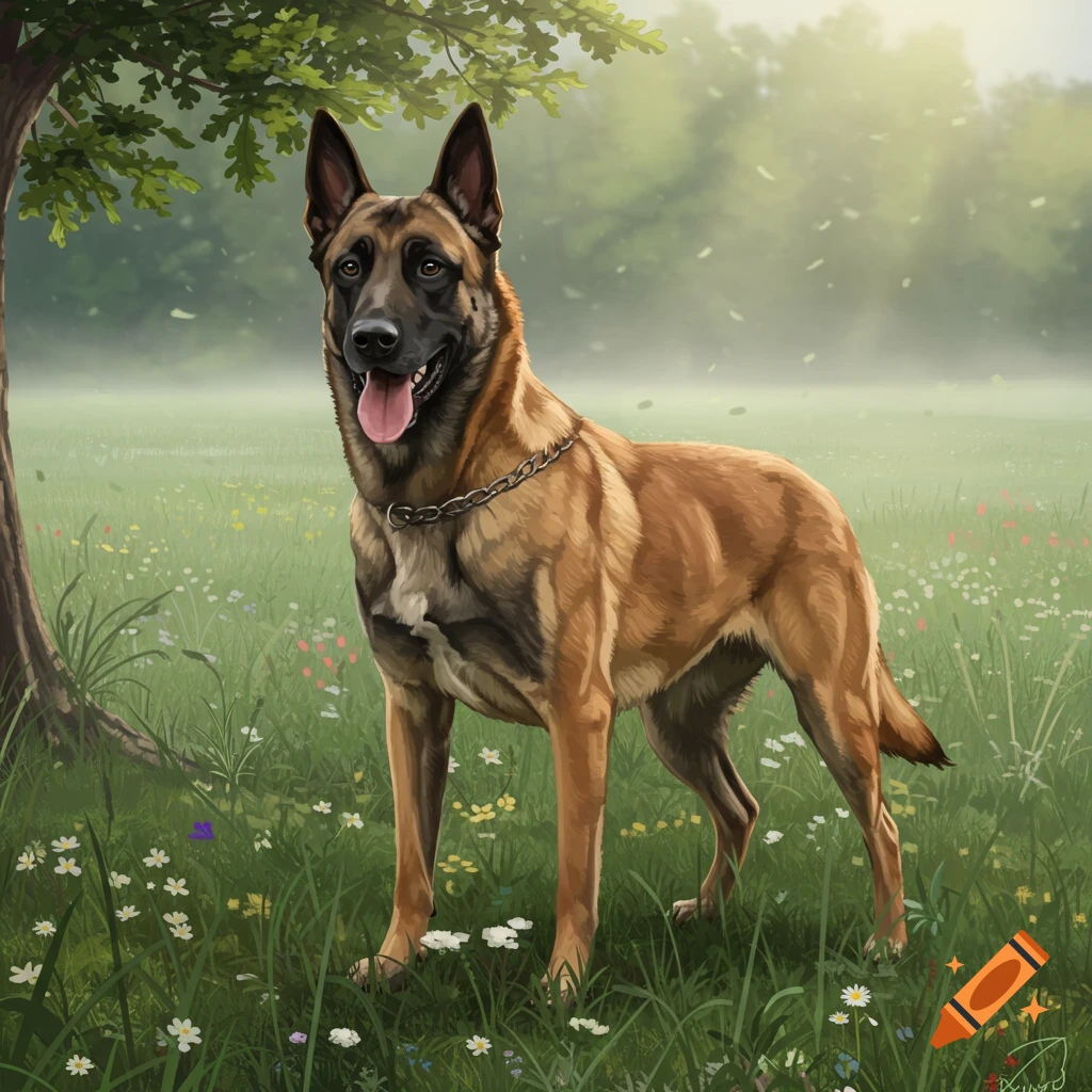 A Belgian Malinois stands in a sunny, grassy field filled with small white and colorful wildflowers, next to a tree.