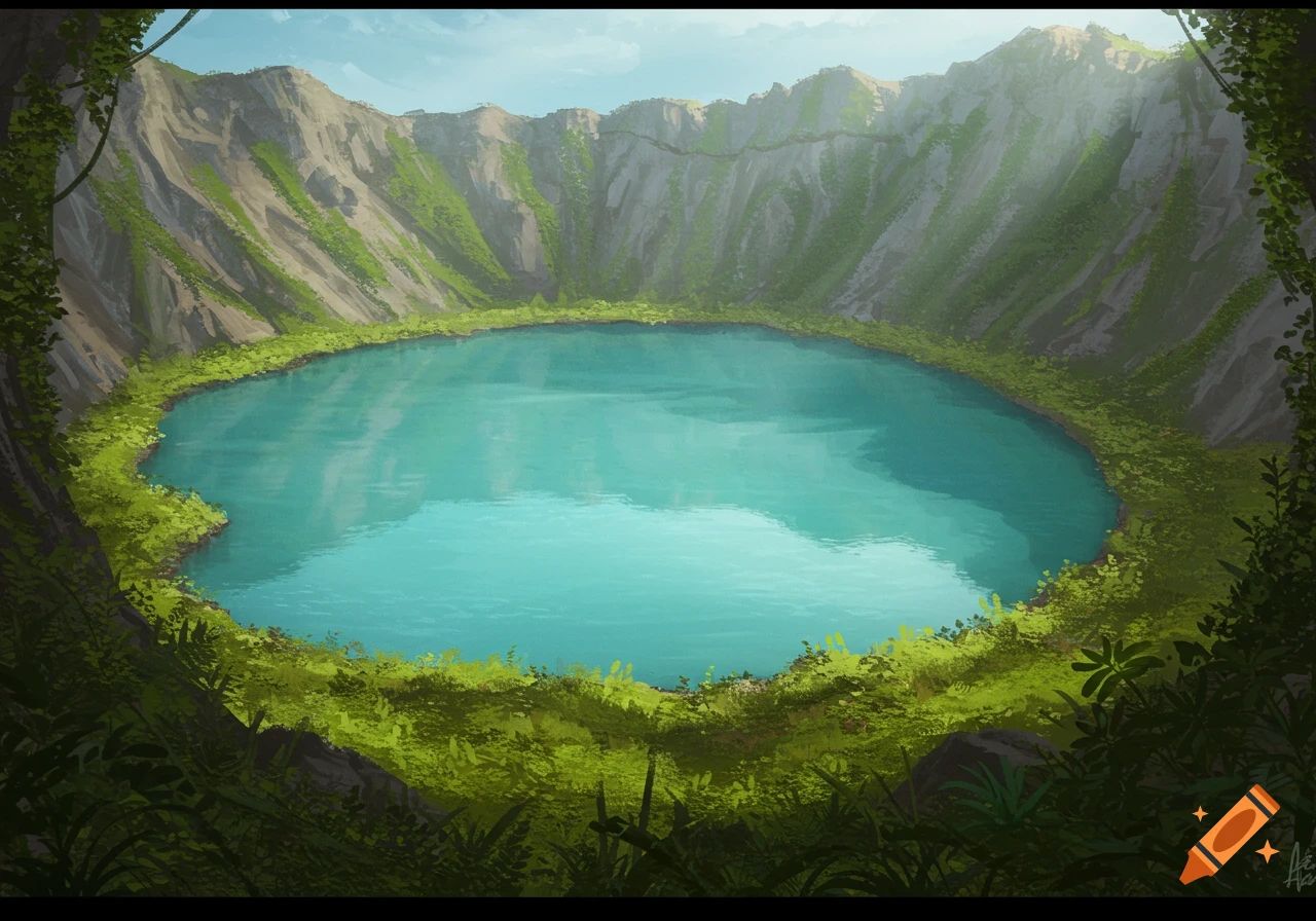 A vibrant blue-green crater lake nestled within a lush, green-covered mountain landscape under a bright sky, in an illustrative style.