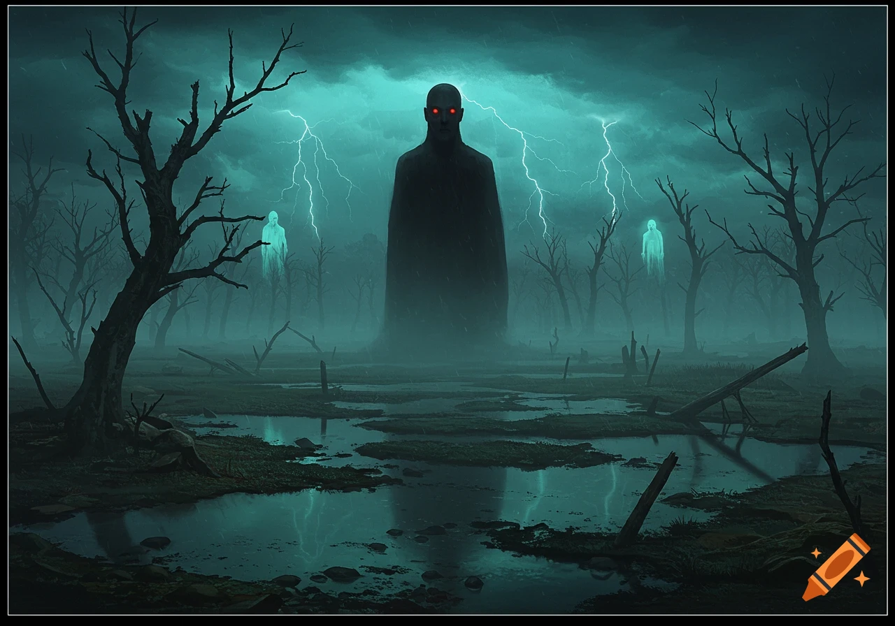 A dark, misty swamp with dead trees under a stormy sky with lightning. A large, dark, humanoid figure with red eyes stands centrally, with smaller blue ghostly figures floating nearby.