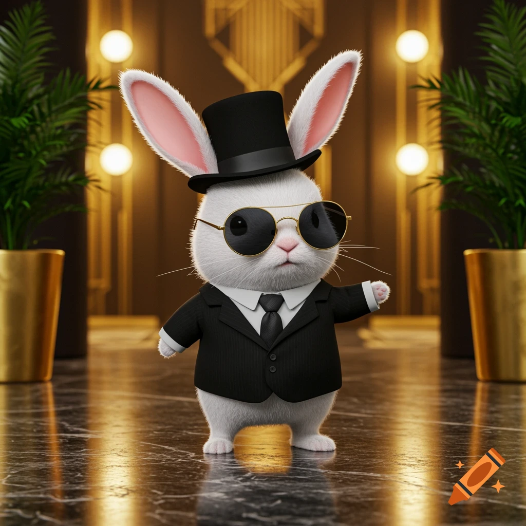 A cute white bunny wearing a black top hat, sunglasses, and a suit and tie, standing in a fancy building.