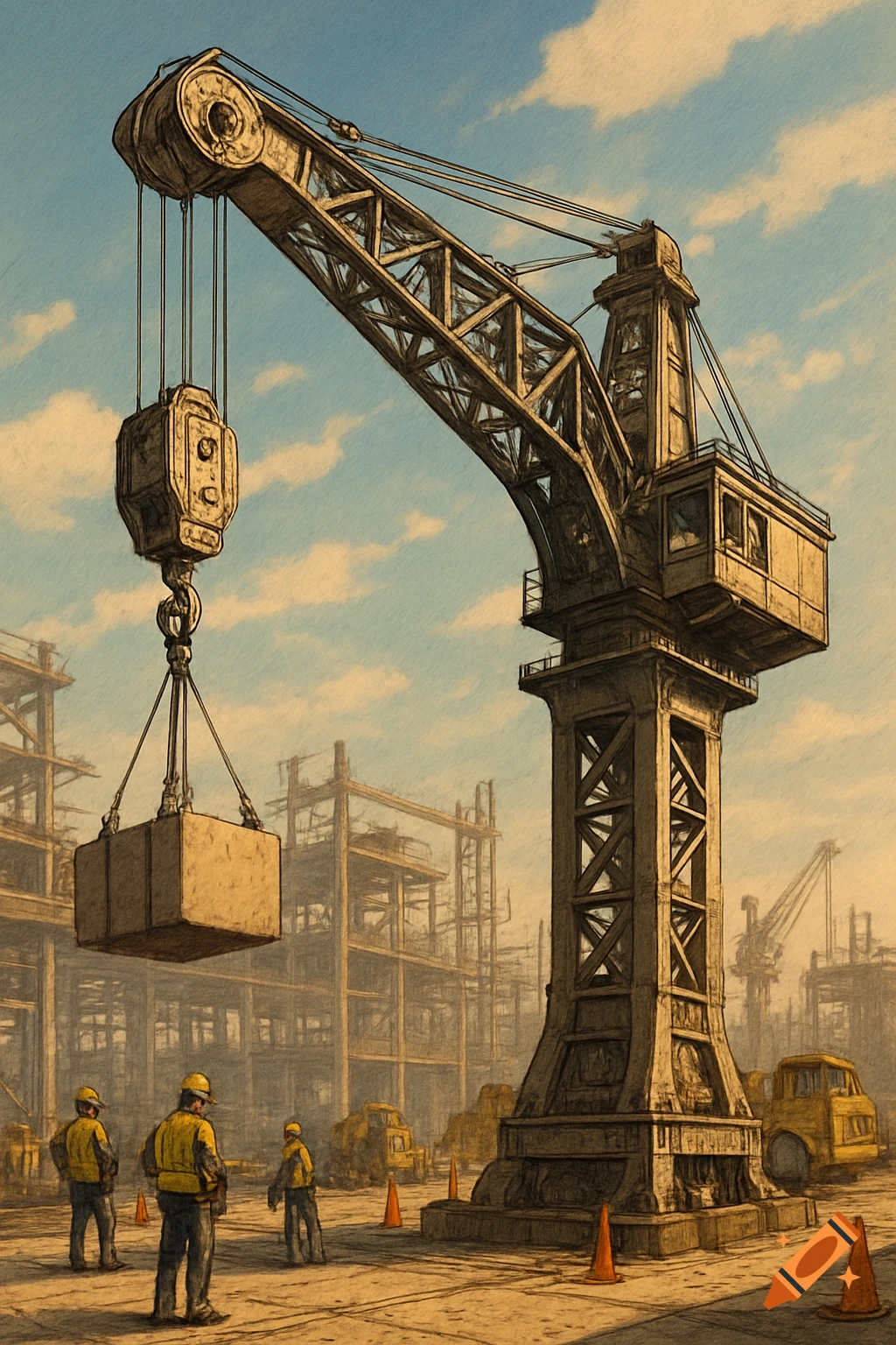 A large jib crane lifts a box at a construction site with workers and yellow machinery, in a stylized drawing.