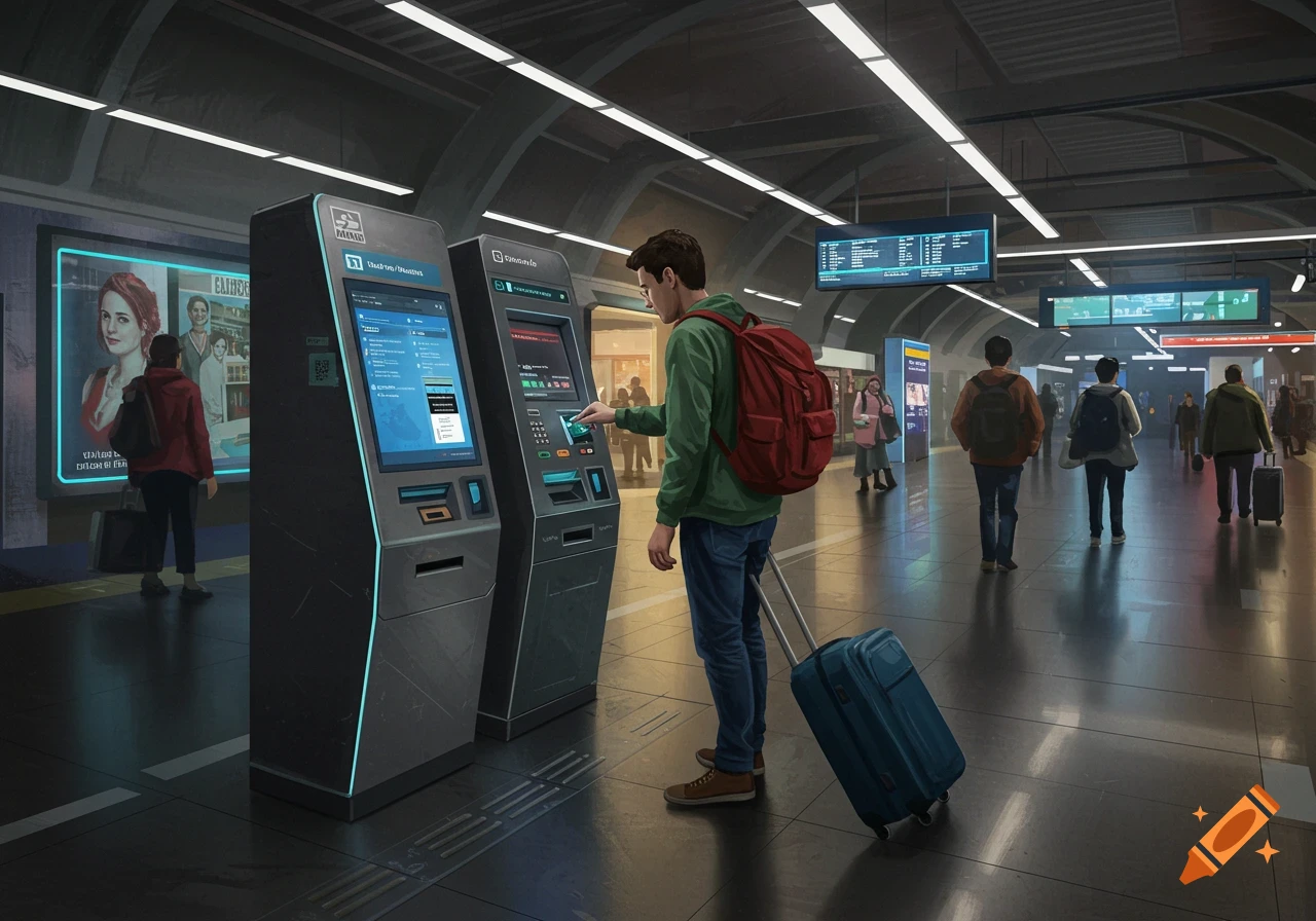 A man with a red backpack and blue suitcase uses a ticket machine in a brightly lit, modern subway station with other travelers.