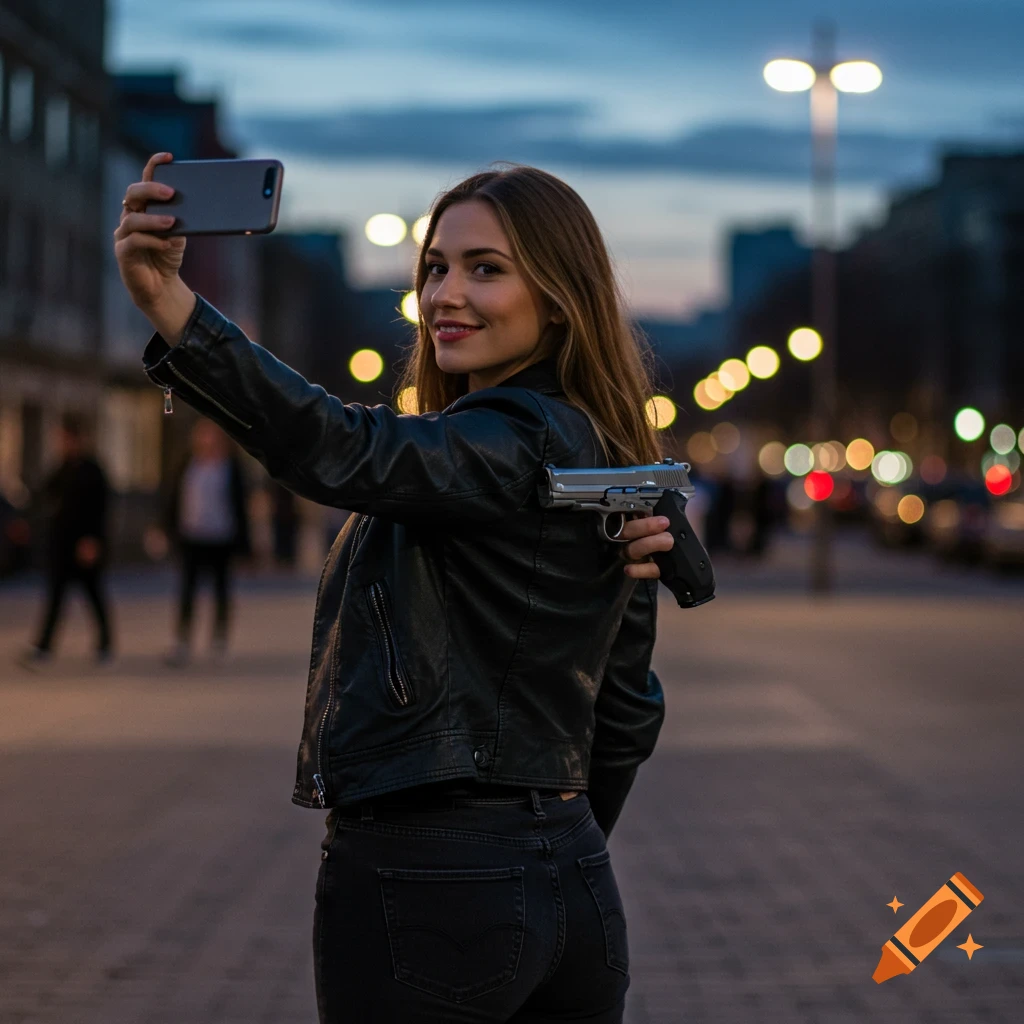 A woman in a leather jacket takes a selfie at dusk, holding a gun behind her back in a city street.