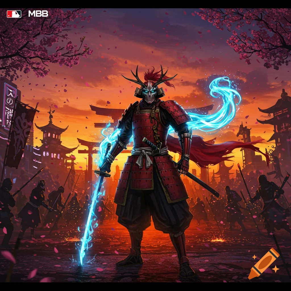 Masked samurai in red armor holding glowing blue swords, surrounded by cherry blossoms and Japanese architecture at sunset.