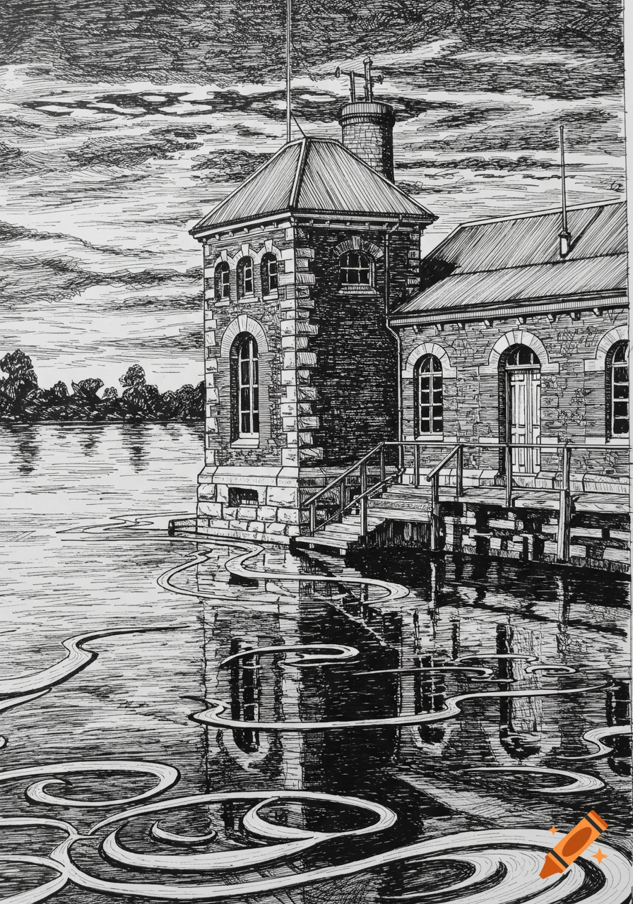 A detailed black and white pen and ink sketch of a stone building with a tower by a lake under a cloudy sky.