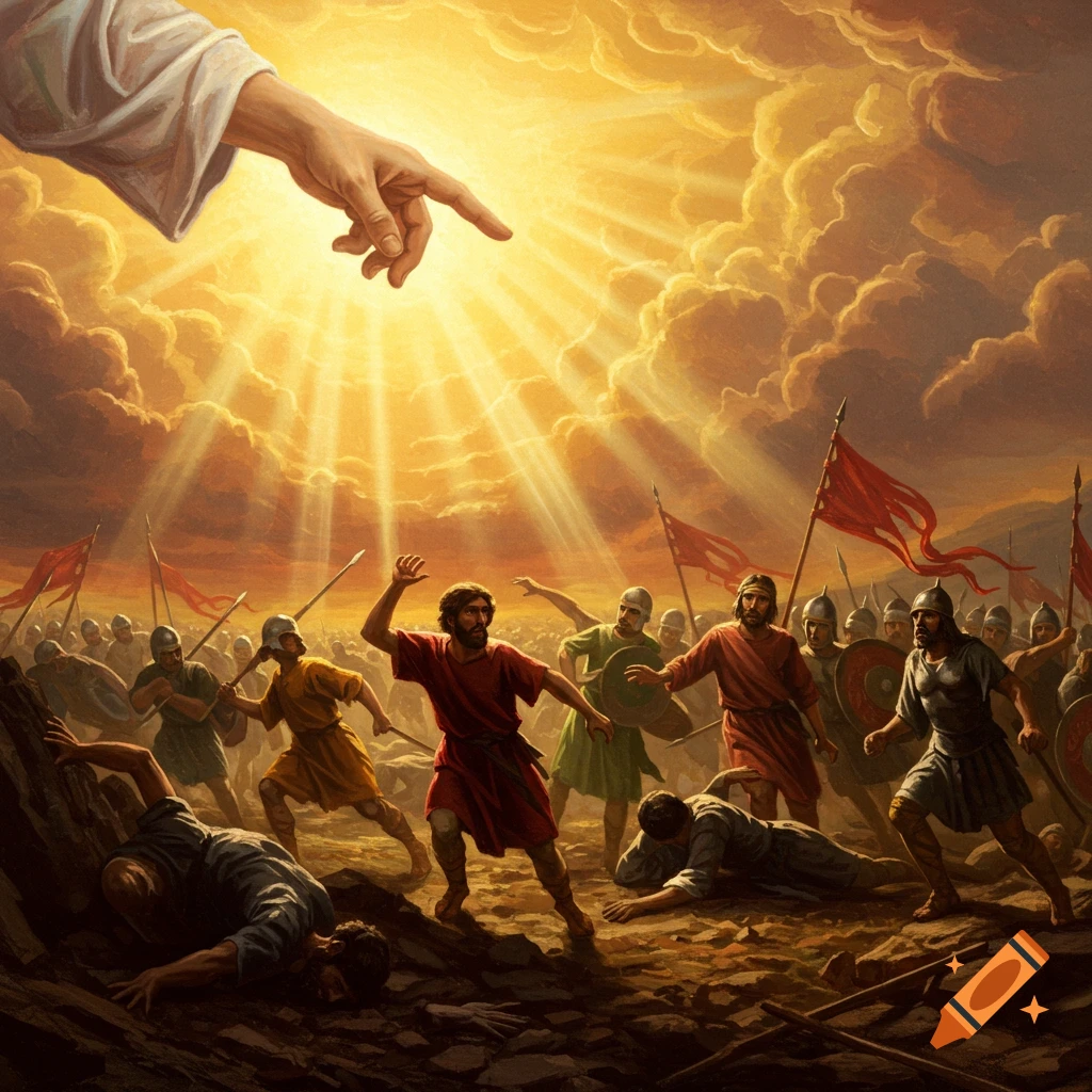 A large divine hand with light rays points down at a terrified ancient army fleeing across a battlefield under a dramatic, cloudy sky, in a religious painting style.