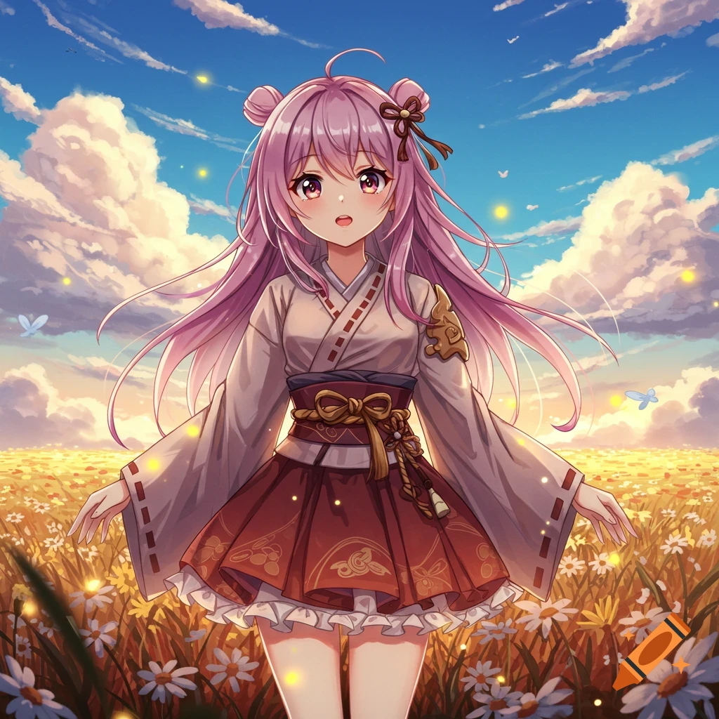 Anime girl with pink hair in traditional-style clothing standing in a sunny field of white and yellow flowers.