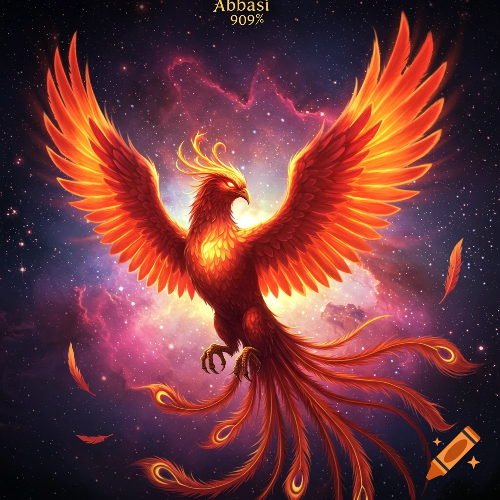 Vibrant fiery phoenix with outstretched wings flying through a colorful starry galaxy with nebulae.