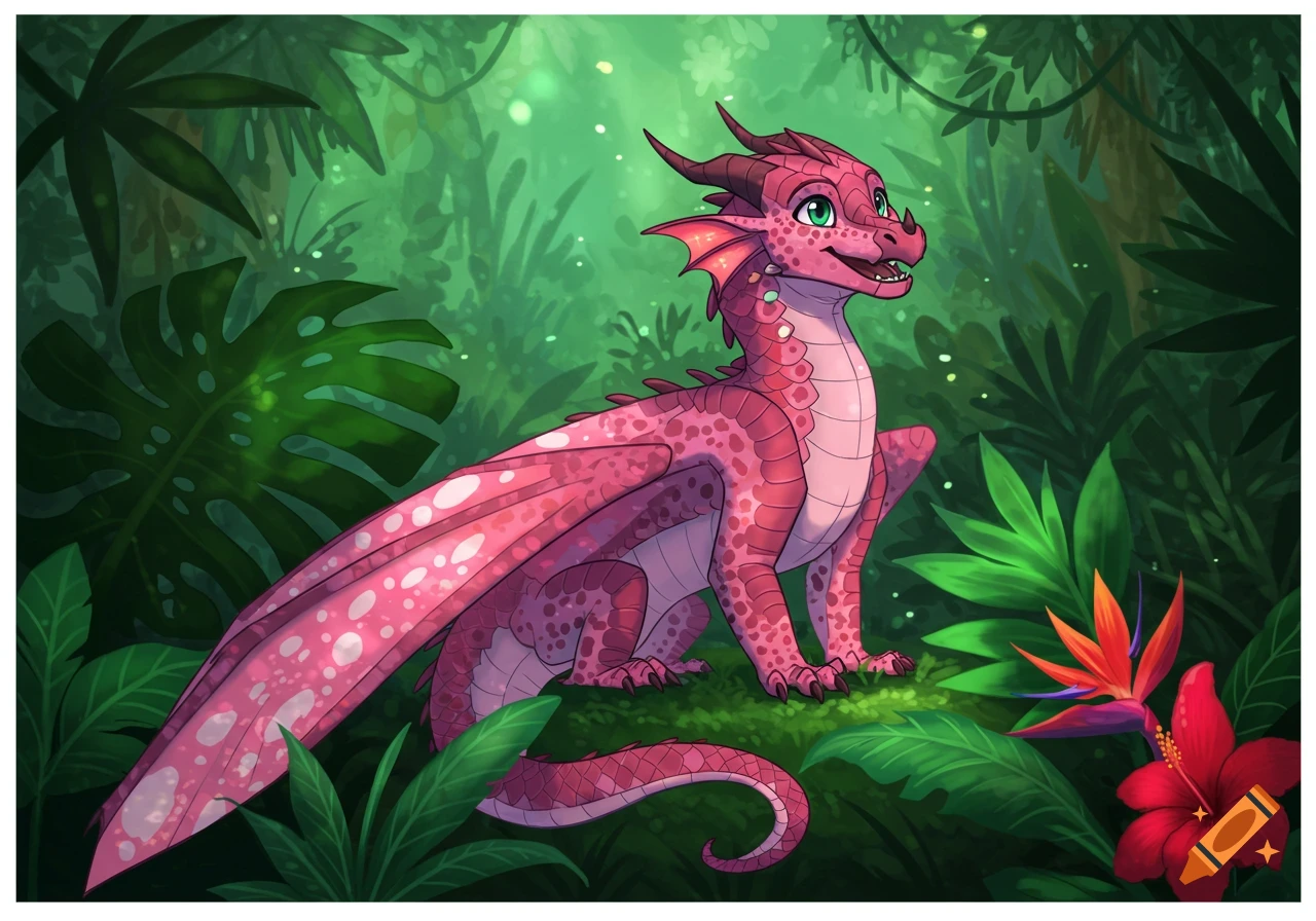A cartoon pink dragon with green eyes sits smiling in a lush green jungle environment.