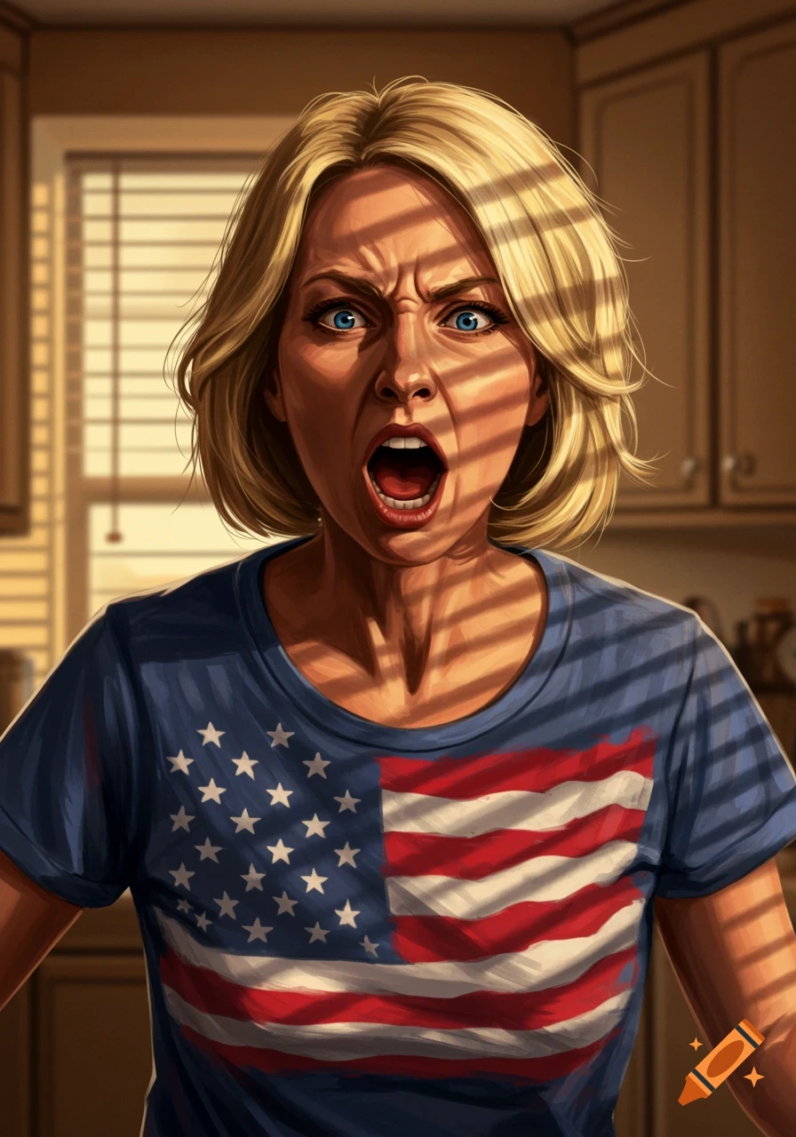 An angry blonde woman with short bob hair, wearing an American flag t-shirt, shouts intensely. Her face is shadowed by window blinds.