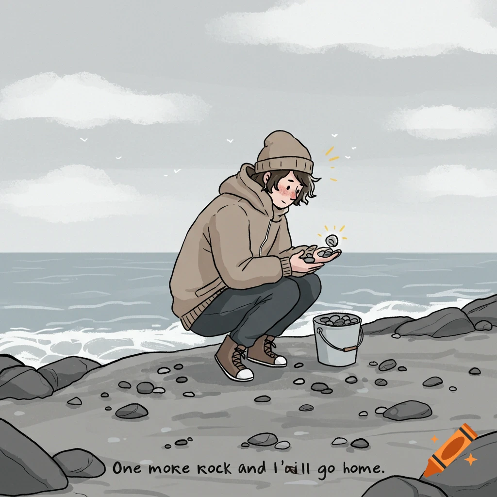 An illustration of a person in a beanie and jacket crouching on a rocky beach, collecting stones in a bucket, with a caption below.