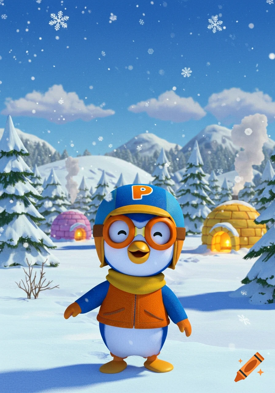 A cartoon penguin in a blue helmet with a 'P' and an orange vest stands in a snowy mountain landscape with pine trees and igloos.