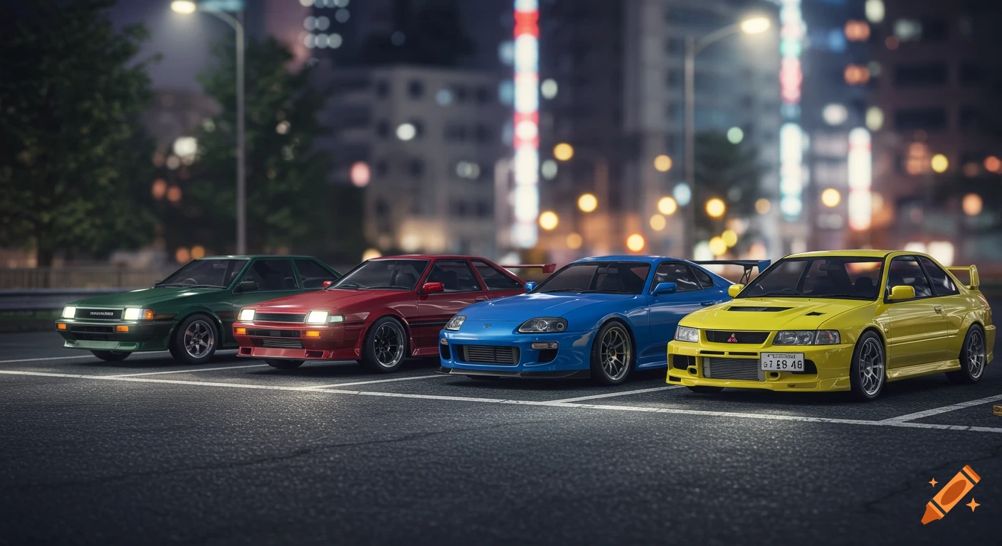 Four customized sports cars, a green Toyota Corolla Levin, red Nissan Z, blue Toyota Supra, and yellow Mitsubishi Lancer Evolution, are parked side-by-side on asphalt at night in a city with blurred streetlights in the background.