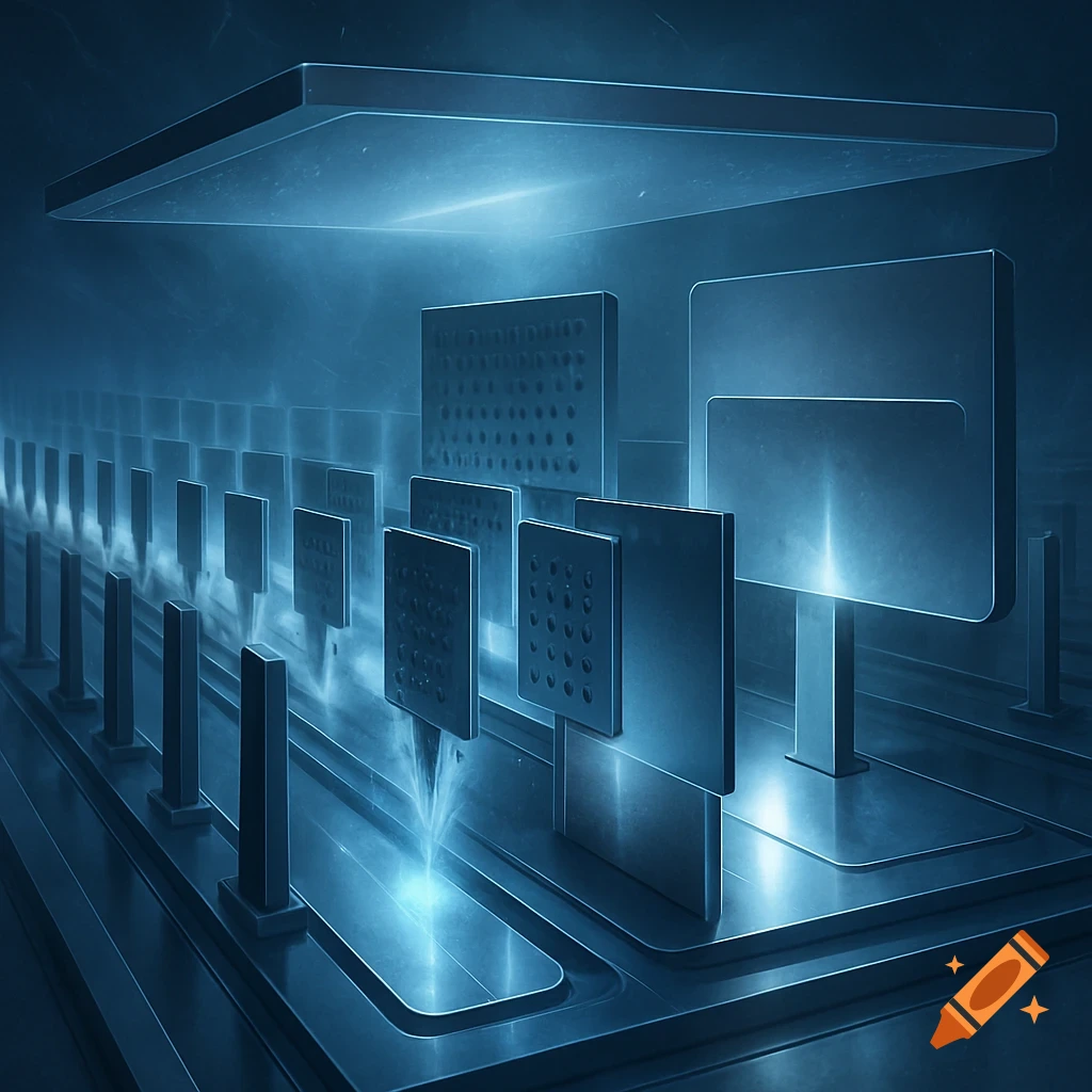 A futuristic scene of blue-lit scientific or industrial devices with arrays of emitters over channels, resembling advanced machinery.