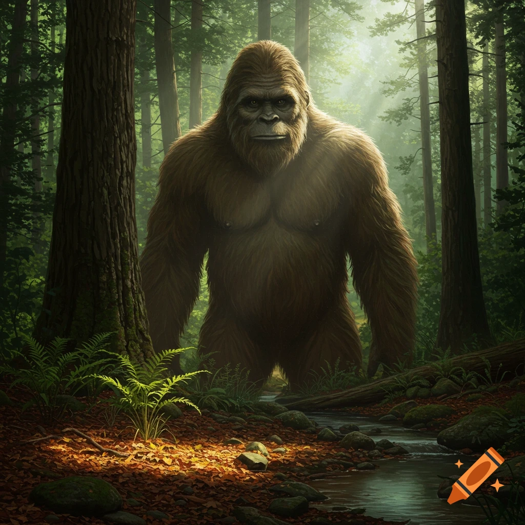 A large, hairy Bigfoot stands in a sunlit forest next to a stream, depicted in a photorealistic style.