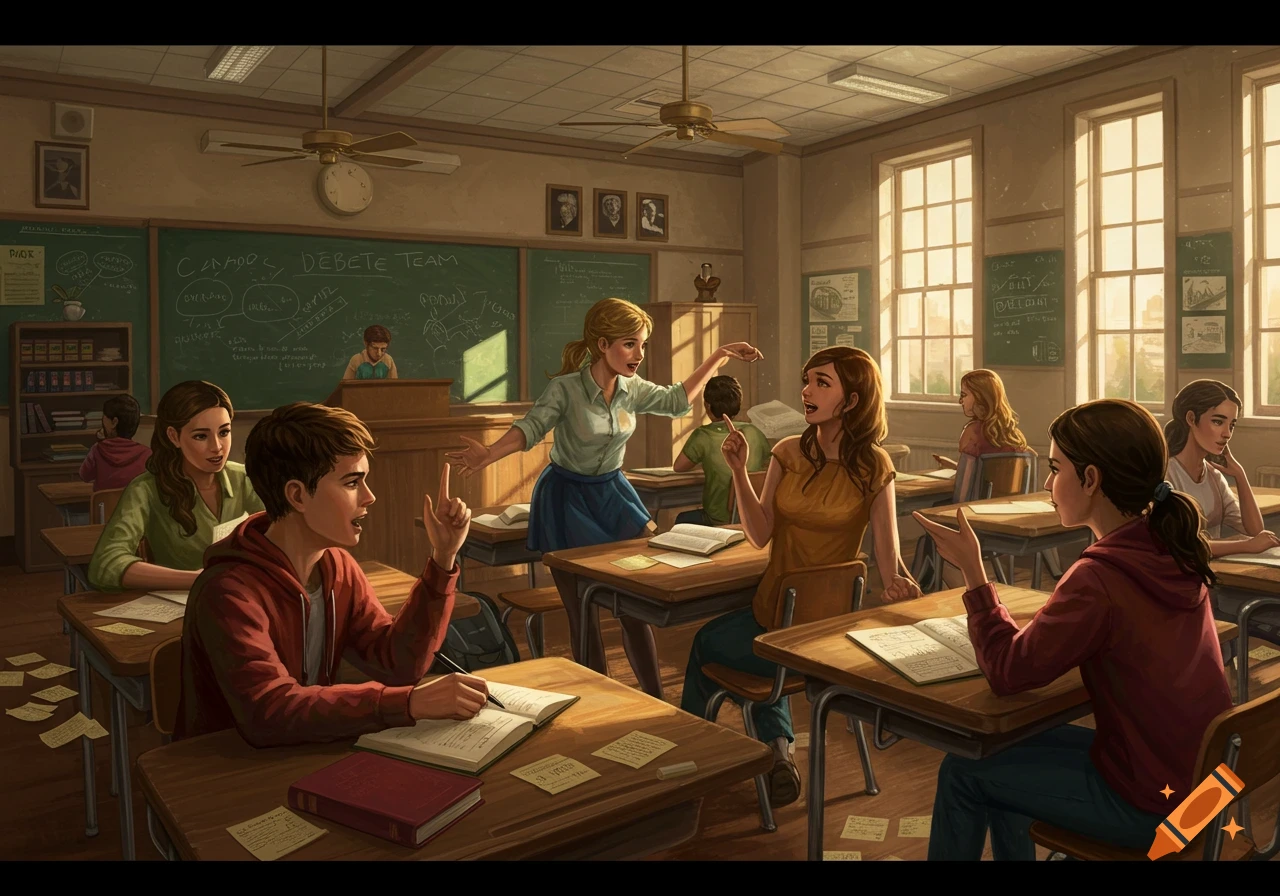 An illustration of a lively classroom scene with students and a teacher during a debate. The blackboard behind them reads "DEBATE TEAM."