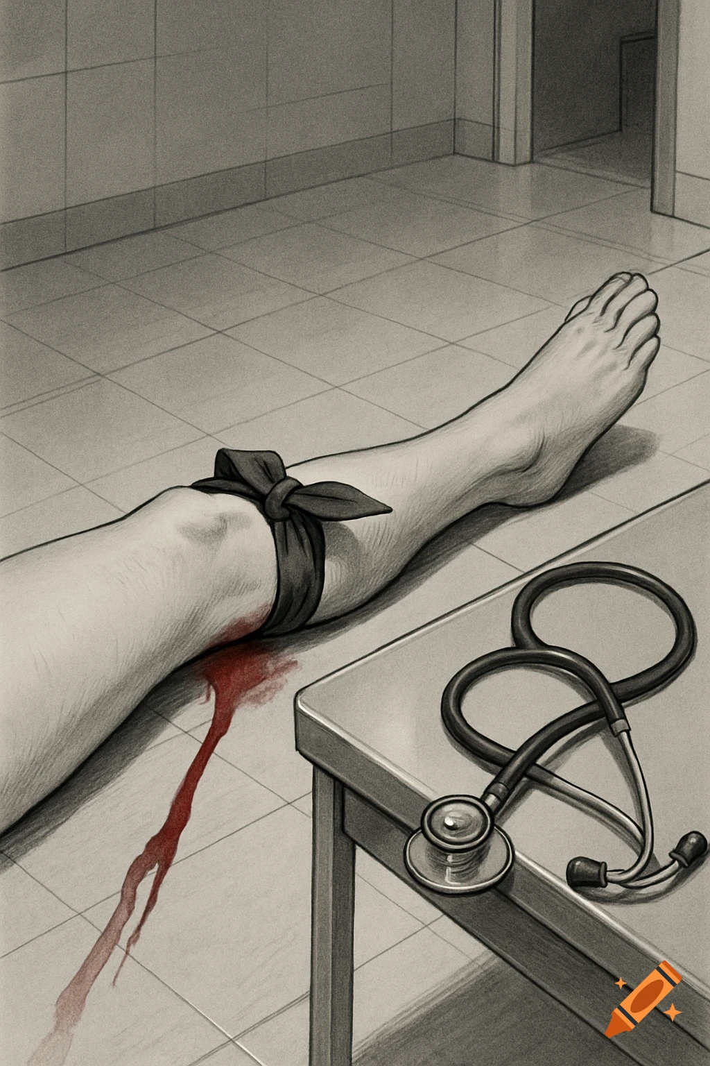 An illustration of a leg with a tourniquet and blood on a tiled floor, next to a stethoscope on a table.