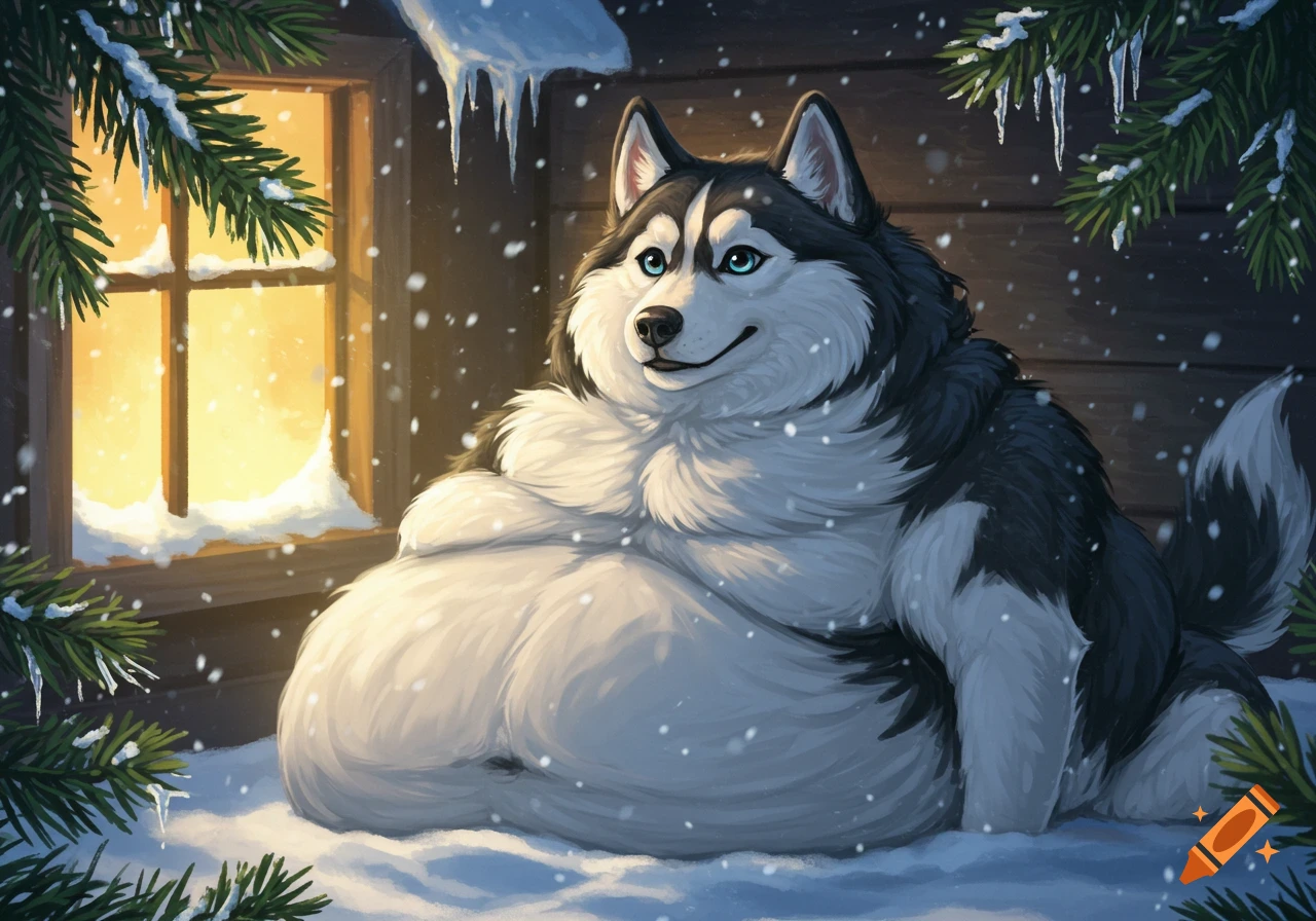 A very obese husky with black and white fur sits in the snow outside a warm cabin window, with pine branches and falling snow.