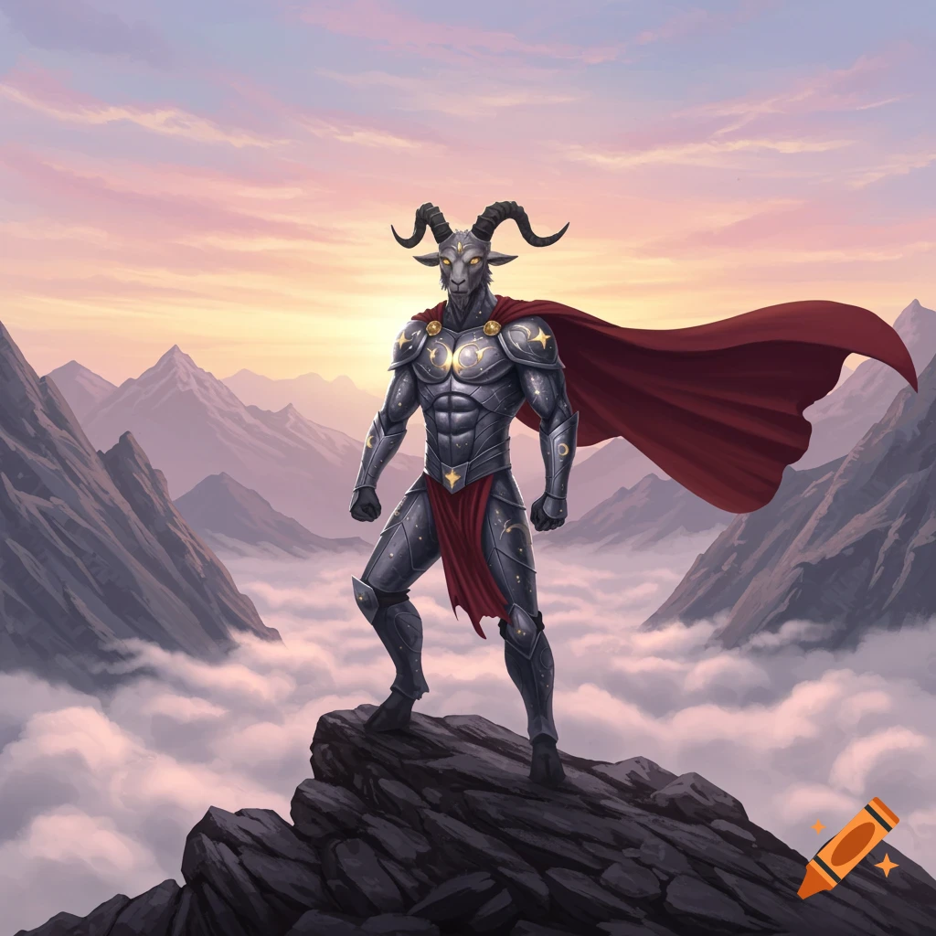 A muscular, armored goat-headed superhero with a red cape stands atop a rocky mountain peak at sunset, surrounded by clouds.